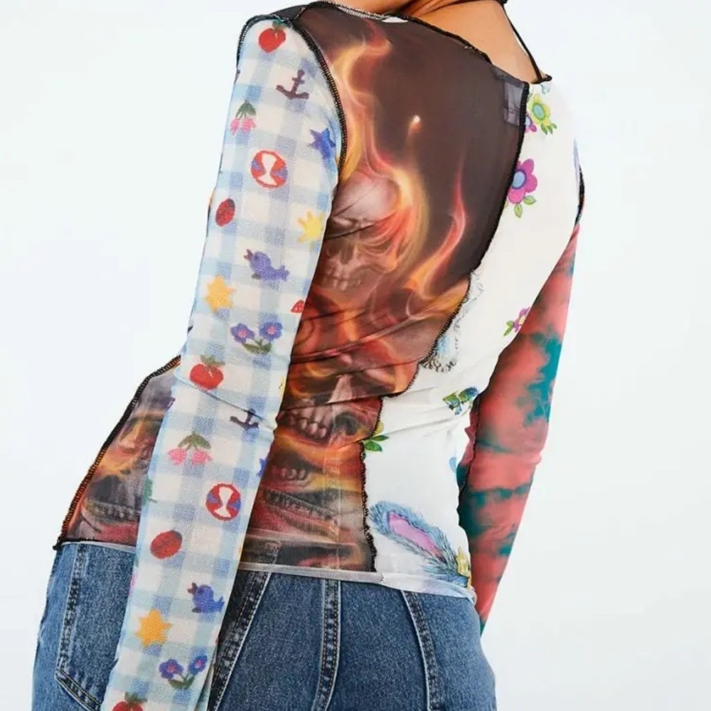 Multicolor Graphic Spliced Patchwork Mesh Long Sl… - image 2